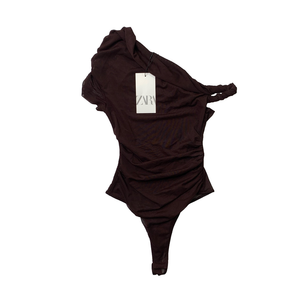 Zara Bodysuit Womens S Small Brown One Shoulder Asymmetrical Knotted Sheer Snap